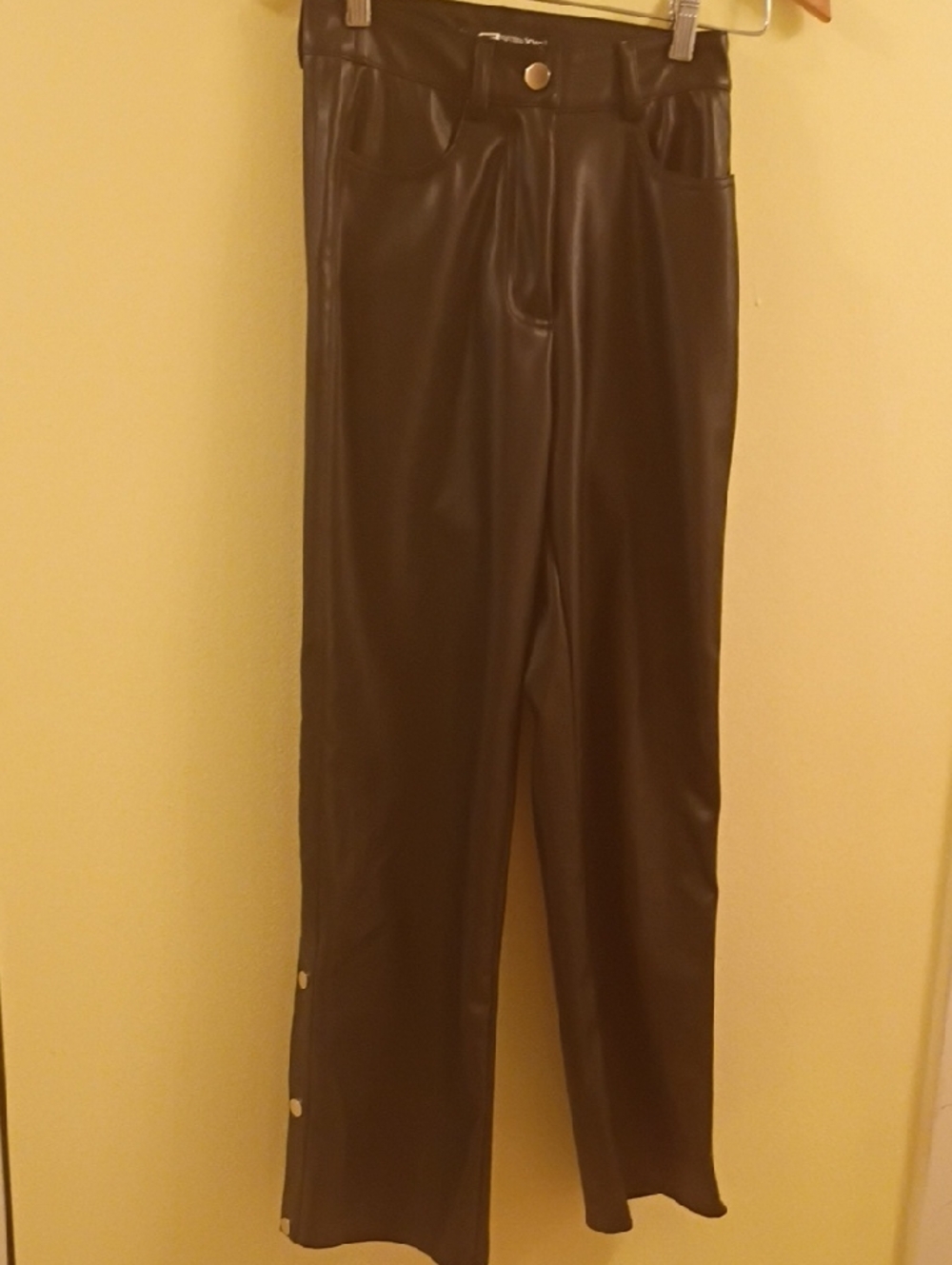 Black Faux Leather Snap Hem Pants